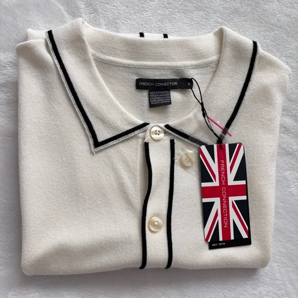 FRENCH CONNECTION Cream Button Down Short Sleeve Sweater Shirt--M - Picture 9 of 11
